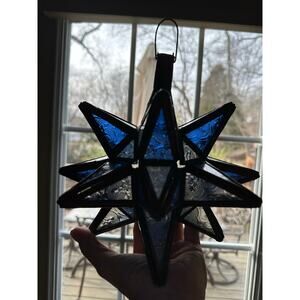 Vintage Moravian Star Candle Holder stained glass decor blue 8” hang ornament